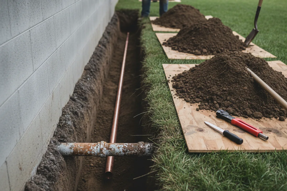 Excavated water line trench during Water Heater Repair in Stillwater
